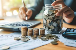 Foto: Person mit Taschenrechner und Münzglas